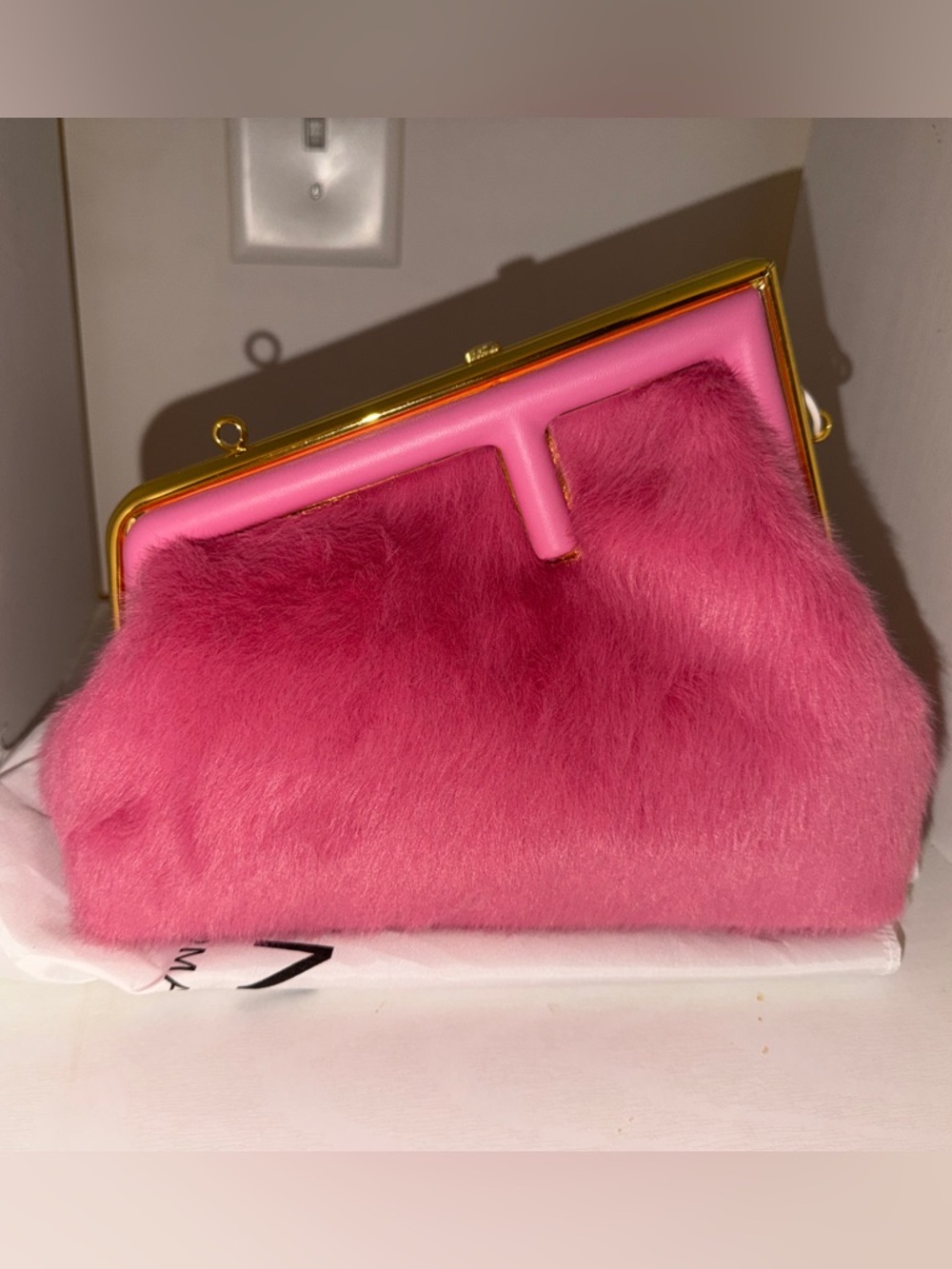 Ff Pink Faux Fur Frame Clutch with Gold Trim